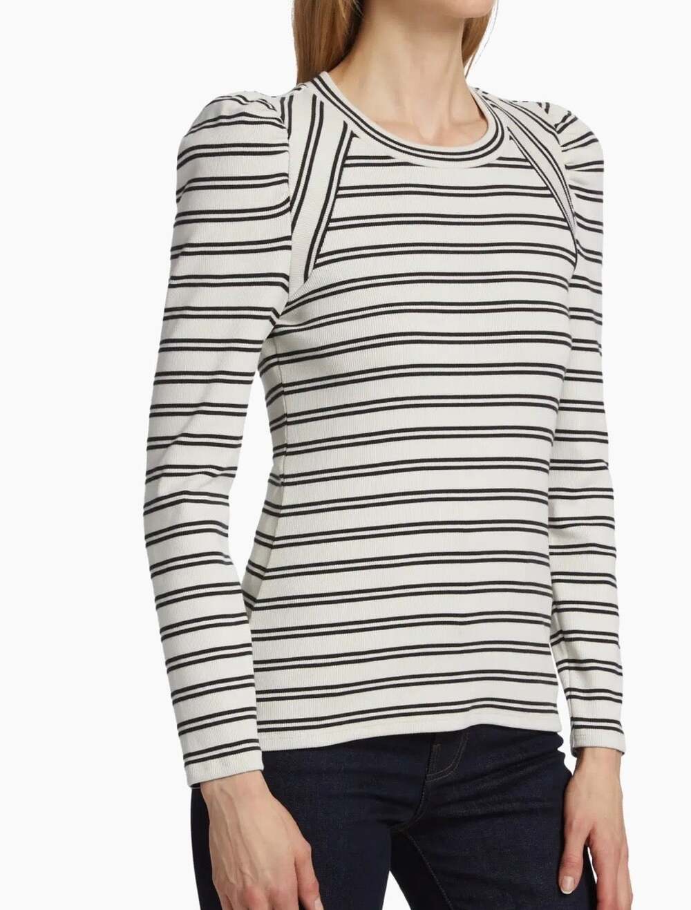 Veronica Beard Delano Striped Knit Puff Sleeve Top Black and White Pima Cotton L